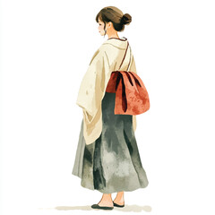 Fototapeta premium Elegant Woman in Traditional Japanese Attire with a Stylish Backpack.