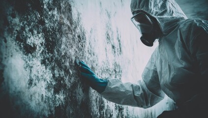 Scientist in protective suit examining ice or glacier in cold environment