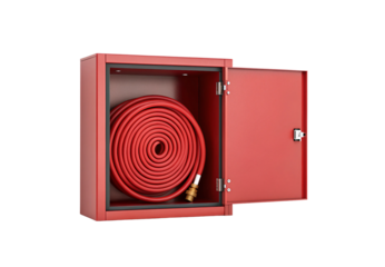 Red fire hose cabinet with coiled emergency hose and brass nozzle inside, isolated on a transparent background