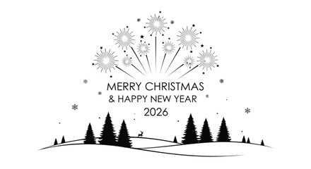 Festive merry christmas and happy new year 2026 greeting card with fireworks snowflakes pine trees and a reindeer silhouette on a snowy landscape