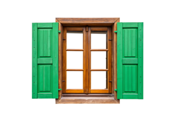 Rustic wooden window with bright green shutters, brown frame, six glass panes, isolated on a transparent background