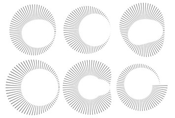 Six circular shapes with radiating lines on a white background in a geometric arrangement
