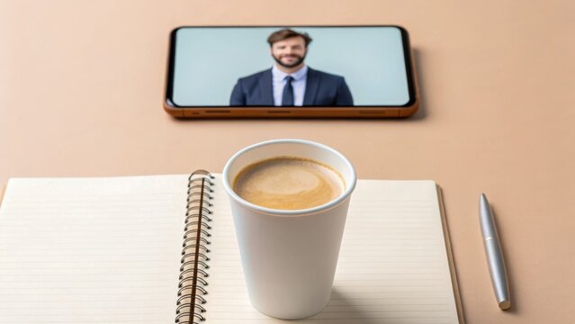 A coffee cup and notebook beside a smartphone with a video call person.