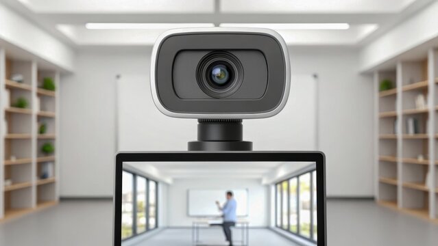 Modern workspace with a webcam focused on a presenter in a bright room.