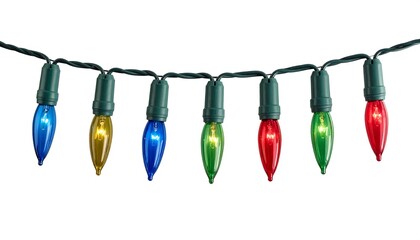String of colorful, conical Christmas lights against a stark white background. The bulbs are in various hues, suggesting celebration
