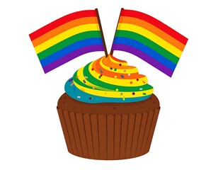 Colorful cupcake with rainbow frosting and two small flags waving. Solid white background