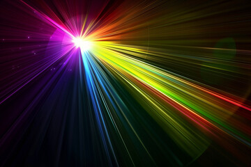 Fototapeta premium Colorful rainbow light rays shining diagonally with bright glow on dark abstract background