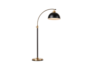 Arc floor lamp with black dome shade, brass curved arm and pole, isolated on a transparent background