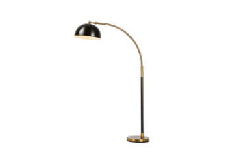 Modern arc floor lamp with black dome shade, brass curved neck and base, isolated on a transparent background
