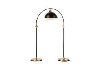 Arc floor lamp with black dome shade and brass accents, two-post design, isolated on a transparent background