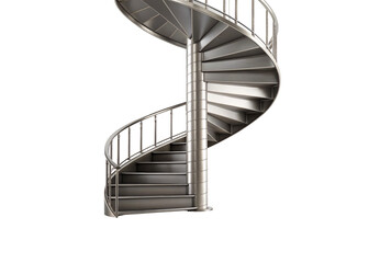 Modern brushed metal spiral staircase with curved railings, geometric treads, helical design, ascending upward, isolated on a transparent background
