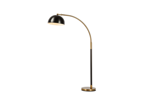 Modern arc floor lamp with black dome shade, brass curved neck and base, isolated on a transparent background