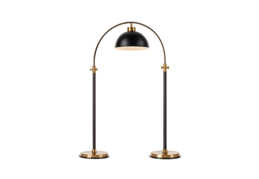 Arc floor lamp with black dome shade and brass accents, two-post design, isolated on a transparent background