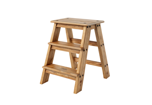 Natural wood folding step stool with three tiers, A-frame design, visible grain, dark accents, isolated on a transparent background