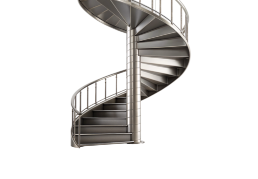 Modern brushed metal spiral staircase with curved railings, geometric treads, helical design, ascending upward, isolated on a transparent background