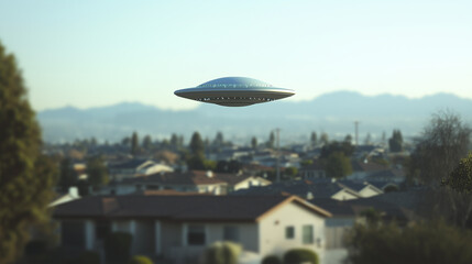 Daytime sighting of a UFO flying over a quiet residential neighborhood, realistic scene with clear sky and suburban background.