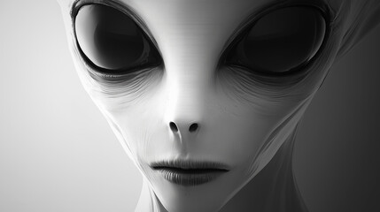 Hyper-realistic close-up of an alien face with large black eyes and smooth textured skin, isolated on gradient background.
