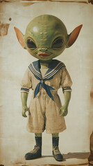 Vintage-style photo of a smiling alien child wearing a classic 1950s sailor outfit, against an aged textured background.
