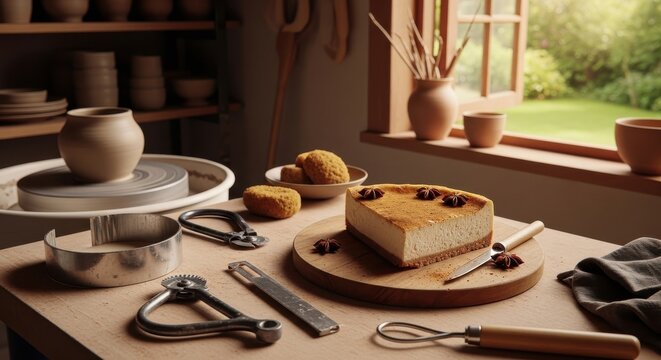 A rustic pottery studio scene featuring a delicious cheesecake, surrounded by baking and pottery tools, with shelves of ceramics and natural light streaming through a window.