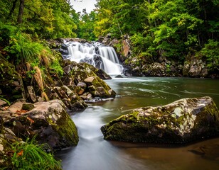 A serene long-exposure shot of a waterfall cascading into a clear pool, surrounded by lush green foliage and mossy rocks