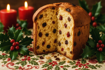 Panettone cake with candied fruit and raisins on a festive embroidered table with candles and holly