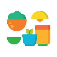 Colorful, cartoonish icons of a bowl of hot soup, a bowl of green salad, a slice of brown bread, and an orange juice glass, all on a white background.