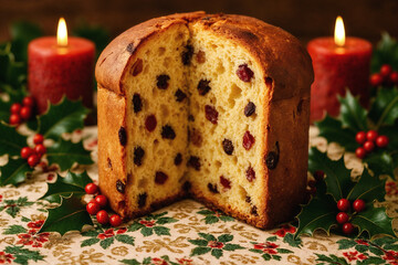 Panettone dessert rich in raisins and candied fruits, surrounded by festive holly and candles