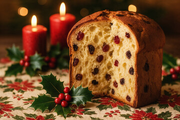 Panettone with candied fruits presented on a festive tablecloth with candles and holly