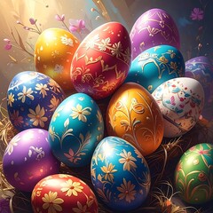 Colorful, decorated eggs nestled in a woven bed of straw, illuminated by sunlight