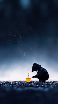 A child wearing a dark hoodie crouches to water a single yellow flower in a pot, with glowing particles in the air.