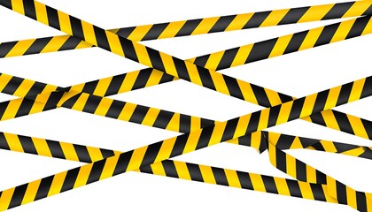 Striped barrier tapes of black and yellow crisscross over a white background, diagonally and horizontally