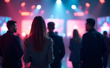 A team of event planners organizing a large event, blurred background. High quality