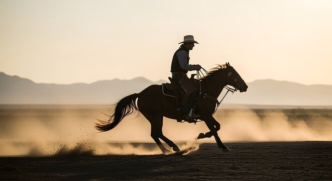 Silhouette of horse and rider racing across glowing desert plain with cinematic sunlight and motion.