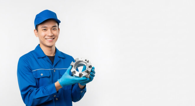 Asian man technician or engineer in uniform and gloves holds a precise metal component, an industrial part, for modern manufacturing production concept.