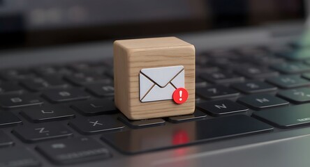 Wooden block with email icon and notification alert on a laptop keyboard.