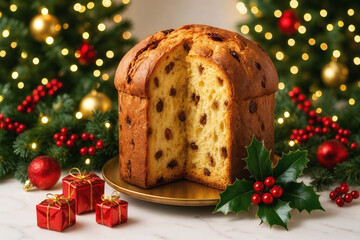 Panettone featuring a slice cut, with holly, gifts, and a decorated tree in background