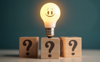 smiling light bulb on wooden cube with other blurred question cubes for good idea, best selection, best solution, brain storm, leadership concept. High quality