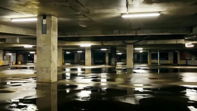 Slow Tracking View Moving Through Flooded Underground Parking Lot with Fluorescent Lights Reflecting on Water Puddles in Abandoned Concrete Building Video Footage