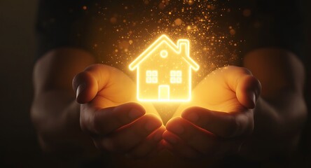 Glowing House Symbol Held in Hands - Concept of Home Ownership and Security.