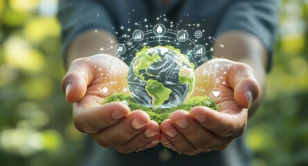 Hands Holding a Glowing Earth - A Symbol of Environmental Protection and Global Connectivity.