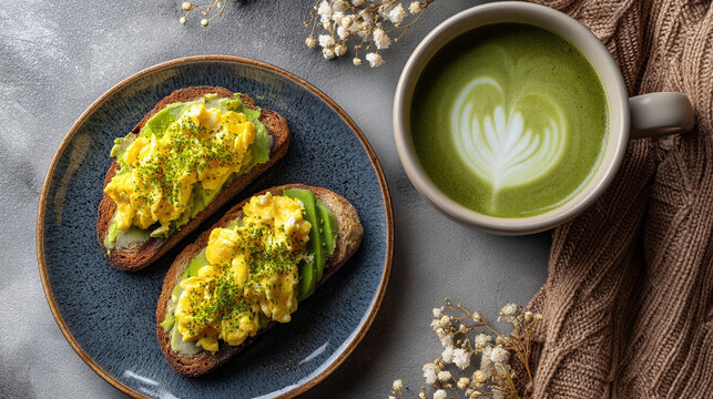 Overhead shot of avocado toast with scrambled eggs and a cup of matcha latte on a gray table