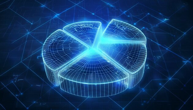 abstract glowing neon wireframe grid polygonal pie chart top diagram graph infographic view on technology blue background presentation business information statistic finance