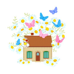tiny cozy house surrounded by chamomile flowers and colorful different flying butterflies.