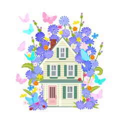 tiny cozy house surrounded by chicory flowers and colorful different flying butterflies.