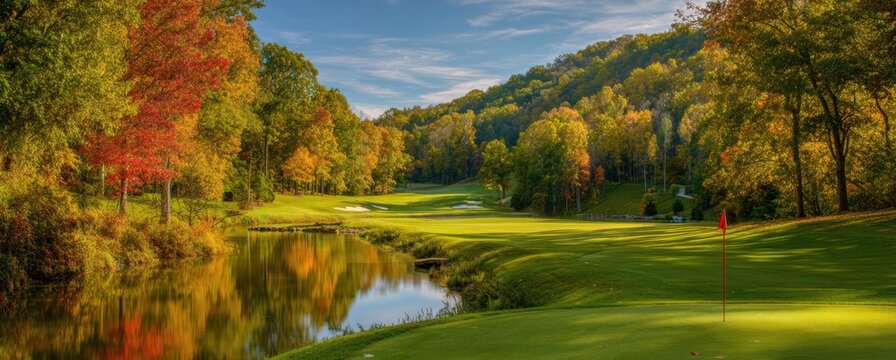 Serene landscape of a lush green course surrounded by colorful autumn trees under a blue sky