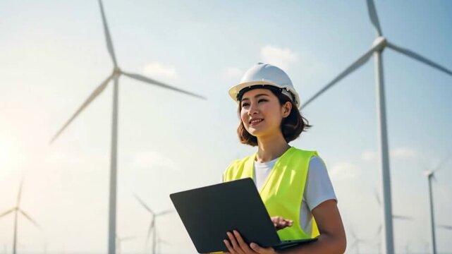 Asian engineer in front of turbine field. Wind farm with person representing innovation, sustainability, green technology, renewable energy, future