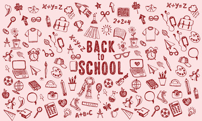 Back to school doodle set, vector hand drawn wax crayon kids education print, cartoon stationery. Colorful pencil student supply objects, backpack, classroom items. Cute back to school illustration