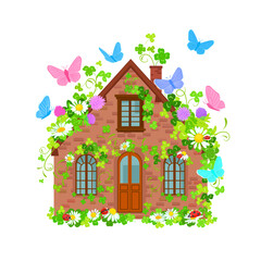 tiny cozy brick house surrounded by clover leaves with ladybirds, chamomile flowers and colorful different flying butterflies.
