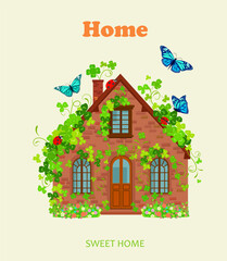 card sweet home with tiny cozy brick house surrounded by clover leaves with ladybirds and flying butterflies