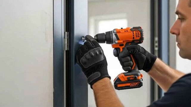 A man drills a screw into a door hinge using a power drill. The action symbolizes repair, construction, home improvement, and skill.